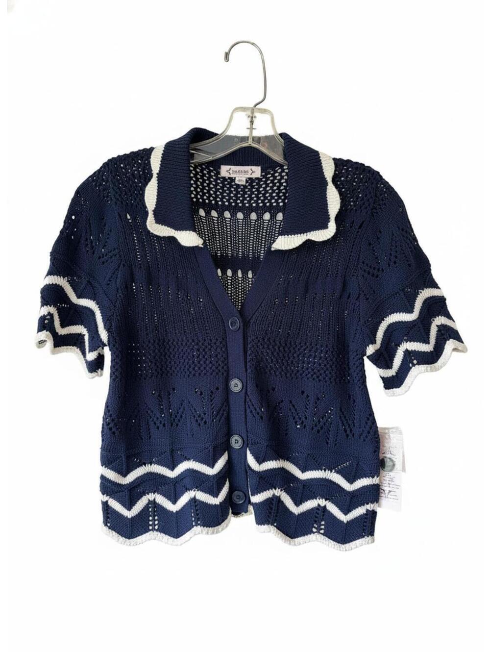 Nanette Lepore NWT Crochet Scalloped Button Cardigan S Navy White Knit Top